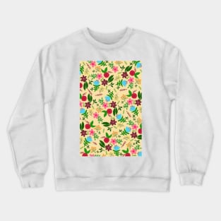 Red, pink, blue and maroon flower pattern with yellow color background Crewneck Sweatshirt